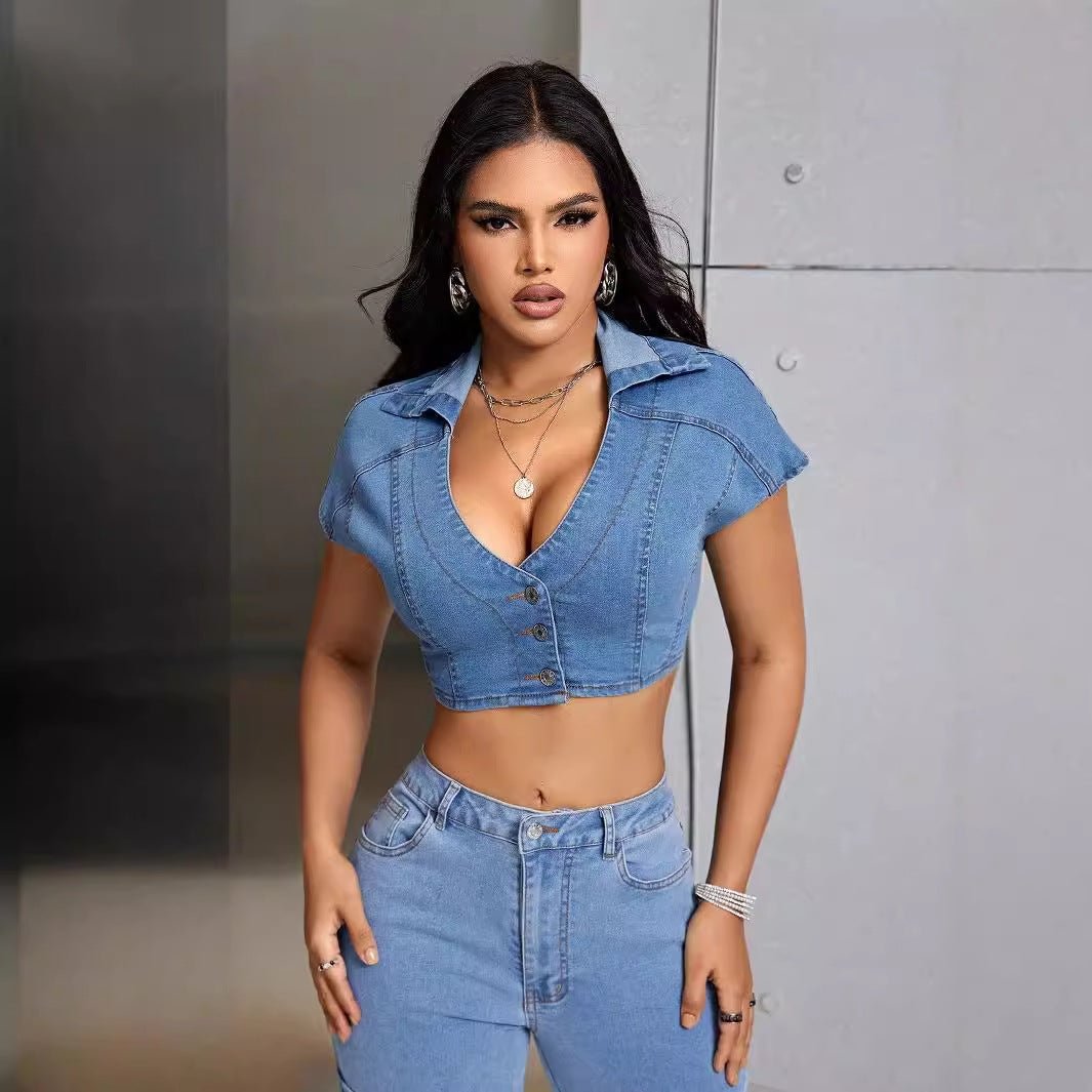 Women's Denim-Inspired Streetwear Top – Slim Fit Button-Up Shirt - RivkaWear