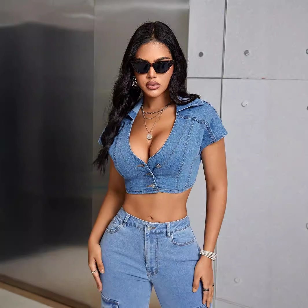 Women's Denim-Inspired Streetwear Top – Slim Fit Button-Up Shirt - RivkaWear