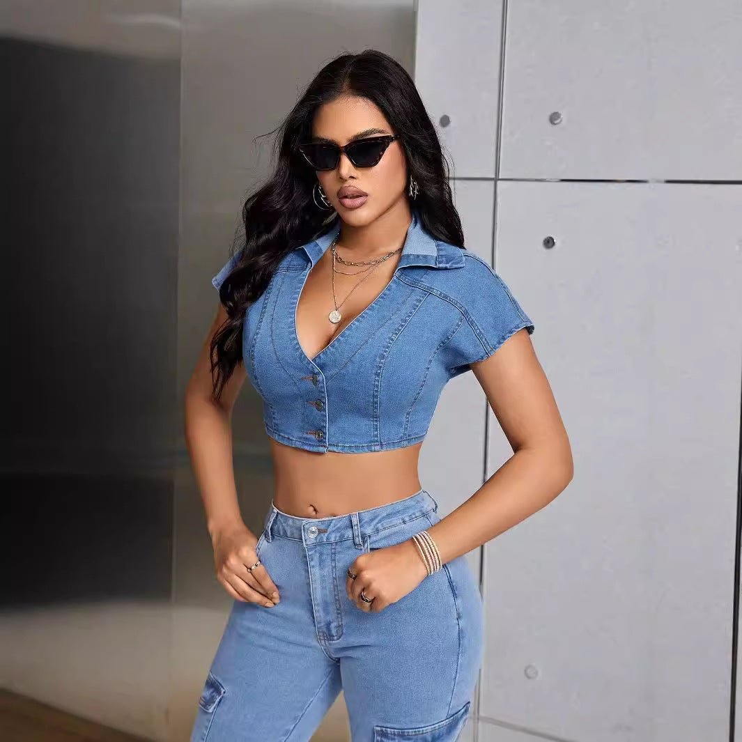 Women's Denim-Inspired Streetwear Top – Slim Fit Button-Up Shirt - RivkaWear