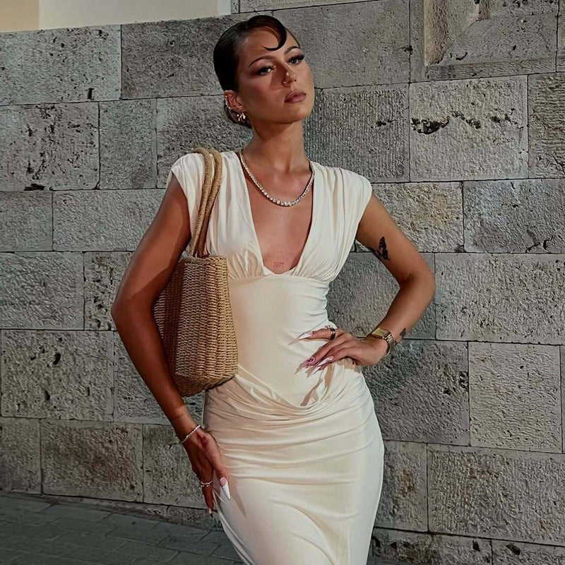 Women's Pleated Bodycon Dress – Sleeveless V-Neck Streetwear - RivkaWear