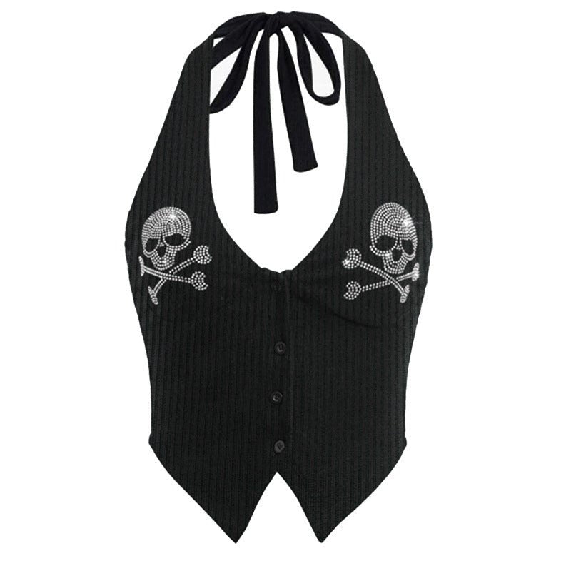 Women's Skull Print Halterneck Open Back Tank Top – Slim Fit Streetwear Top - Rivka Wear