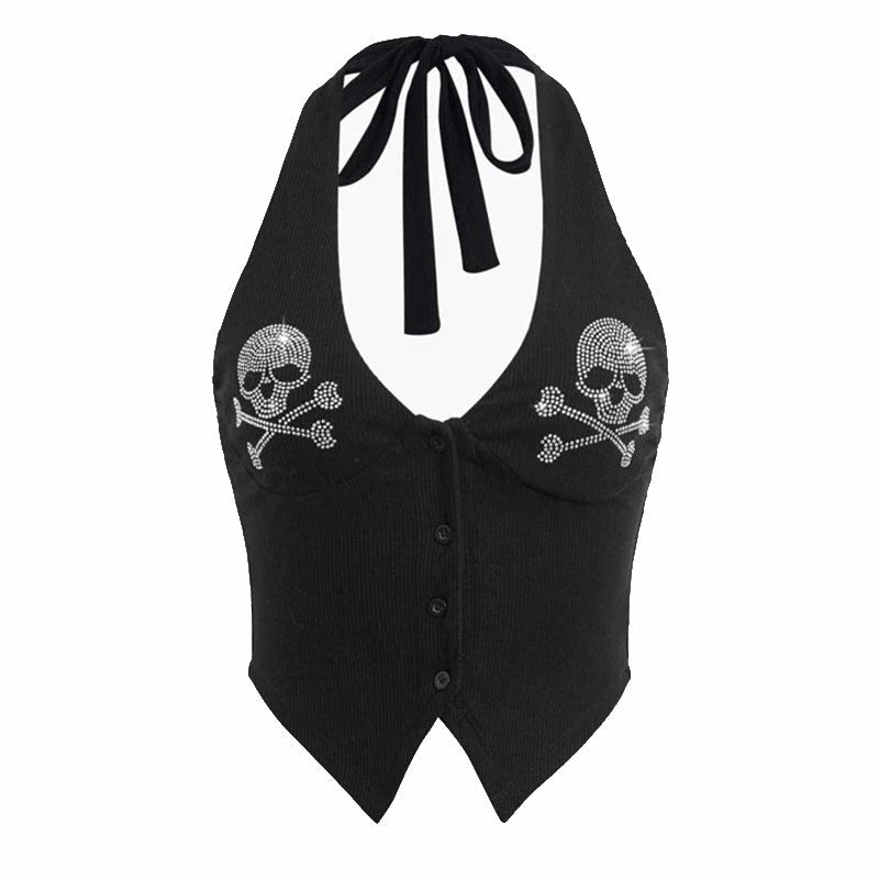 Women's Skull Print Halterneck Open Back Tank Top – Slim Fit Streetwear Top - Rivka Wear