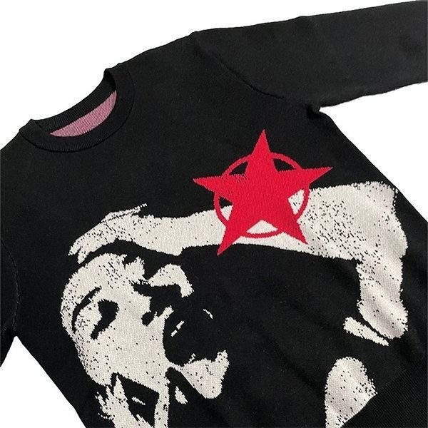 Y2K Portrait Streetwear Harajuku Knitted Gothic Punk Sweater – Geometric Contrast Pullover - Rivka Wear