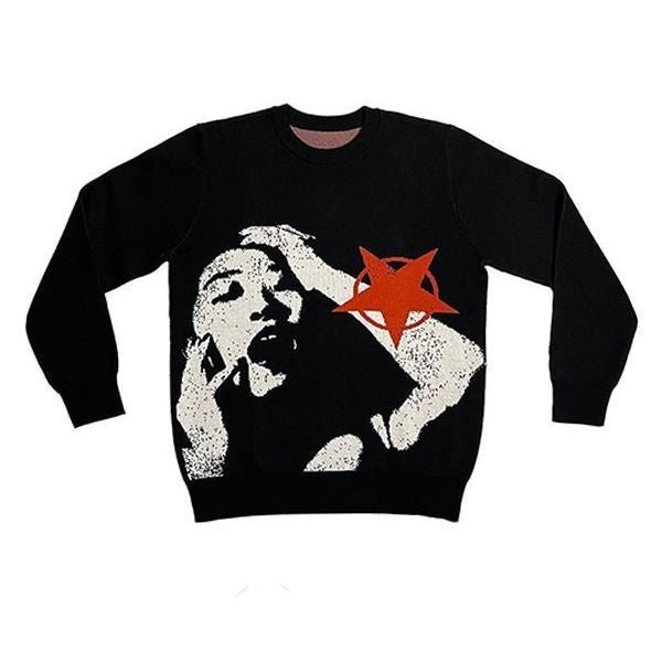 Y2K Portrait Streetwear Harajuku Knitted Gothic Punk Sweater – Geometric Contrast Pullover - Rivka Wear